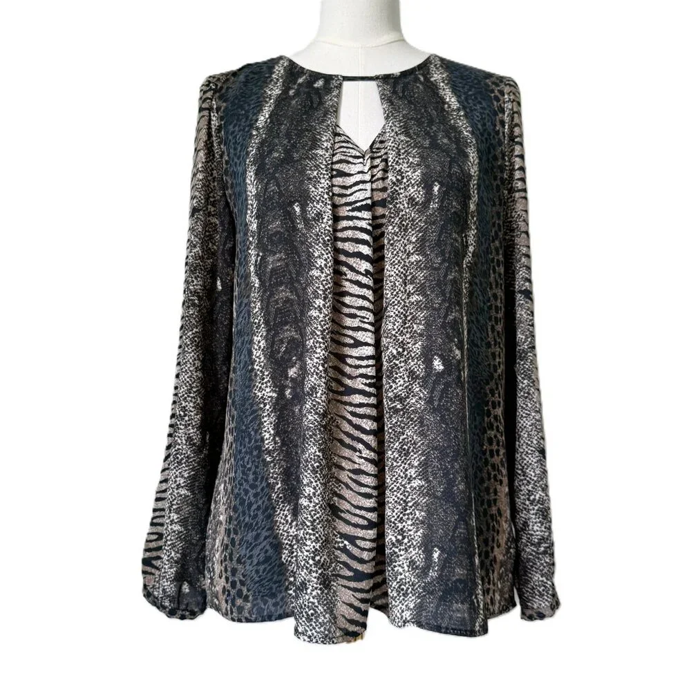 DR2 | Green & Tan Multi-Print Long Sleeve Top Sz M - Picture 1 of 2